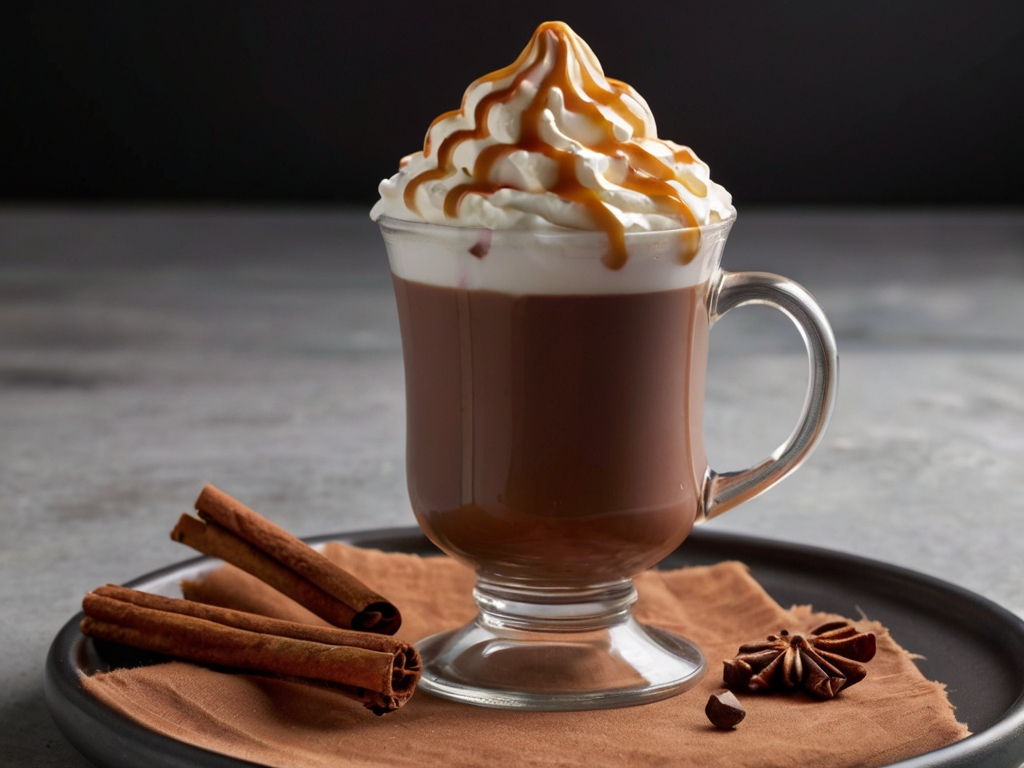 A photorealistic image of a Salted Caramel Hot Chocolate in a tall mug. The drink should be a rich, deep brown color with a smooth, velvety texture. Fluffy whipped cream rests on top, dusted with a touch of cocoa powder and a sprinkle of coarse sea salt. A caramel drizzle decorates the inside of the mug, and a cinnamon stick sits nestled in the whipped cream.
