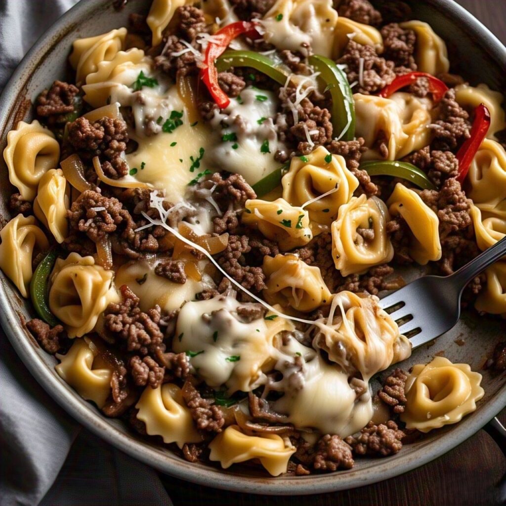 Easy Philly Cheesesteak Tortellini Pasta Recipe