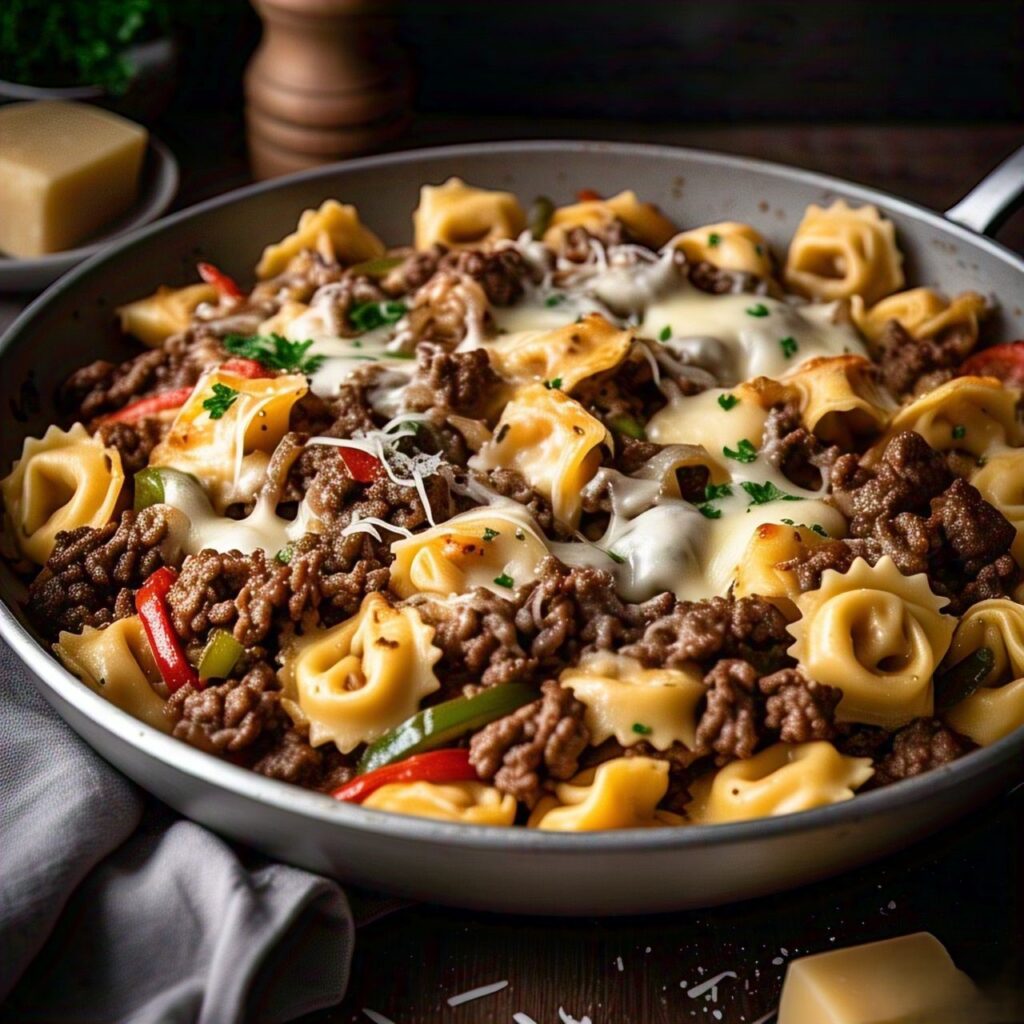 Easy Philly Cheesesteak Tortellini Pasta Recipe