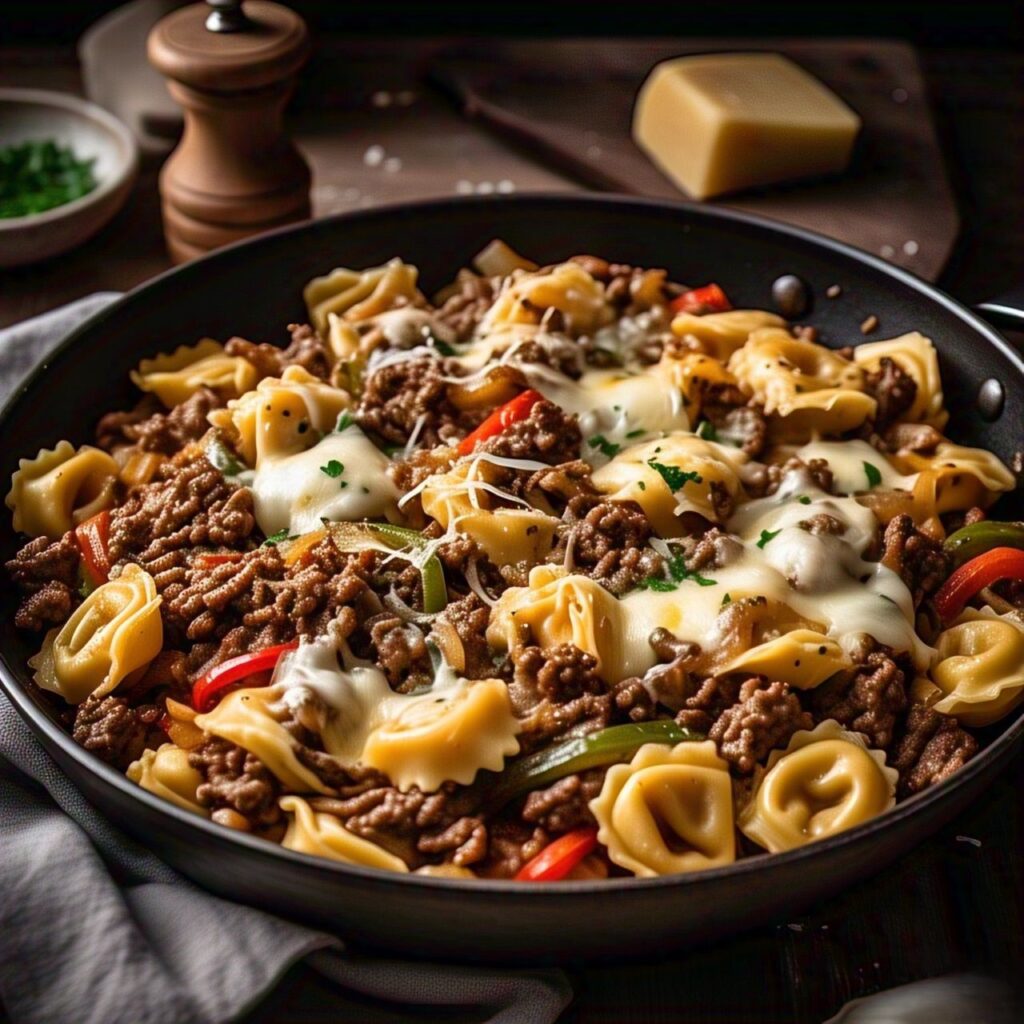 Easy Philly Cheesesteak Tortellini Pasta Recipe