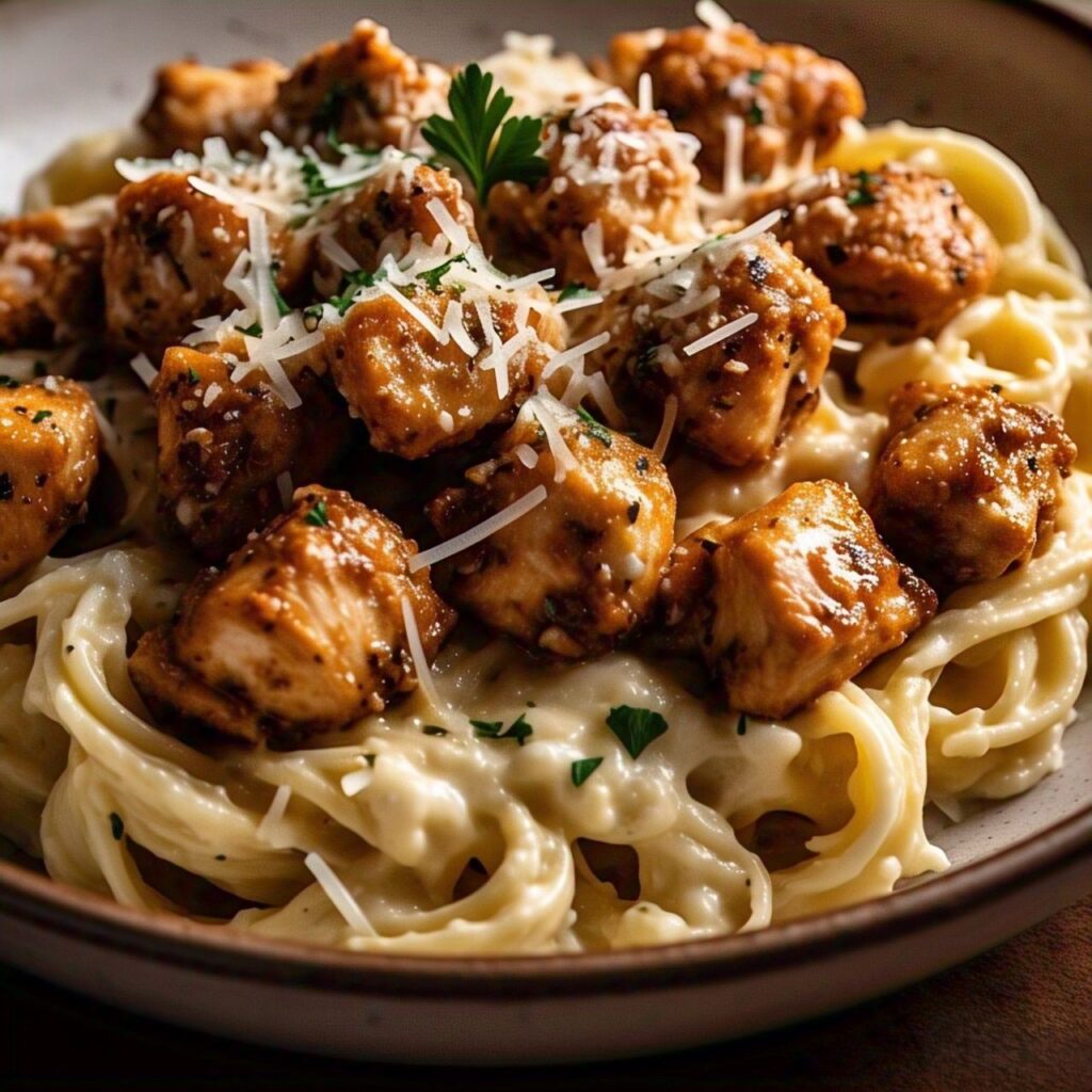 Garlic Butter Chicken Bites With Creamy Parmesan Pasta