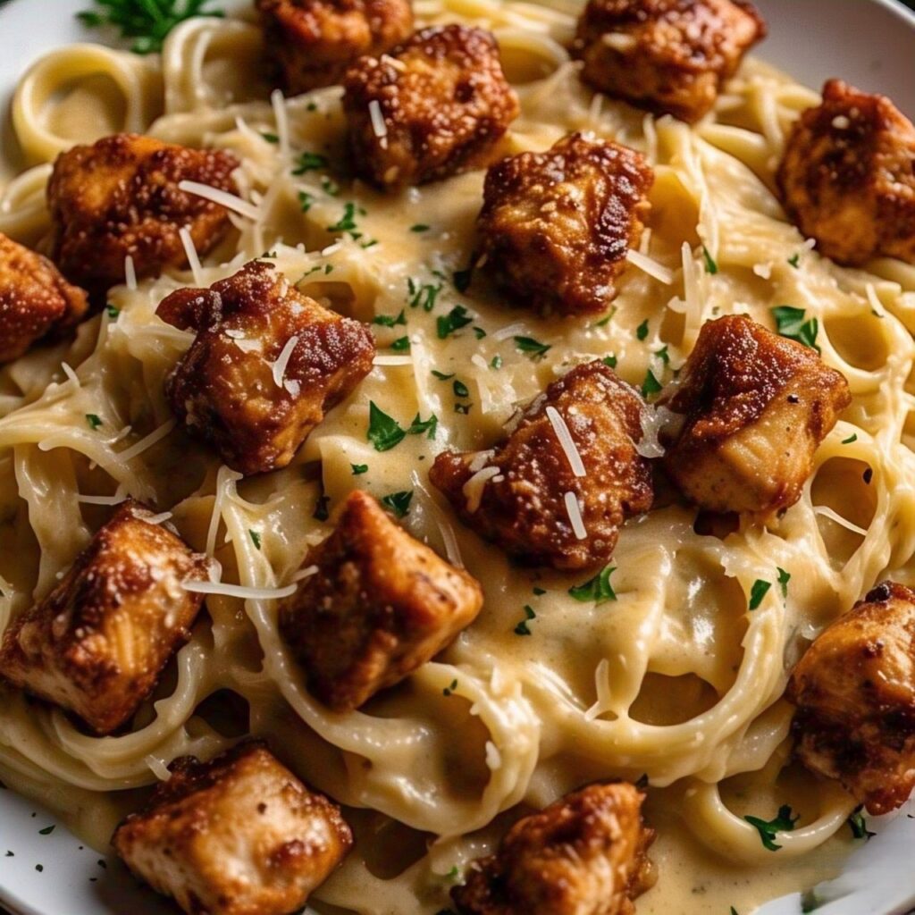 Garlic Butter Chicken Bites With Creamy Parmesan Pasta