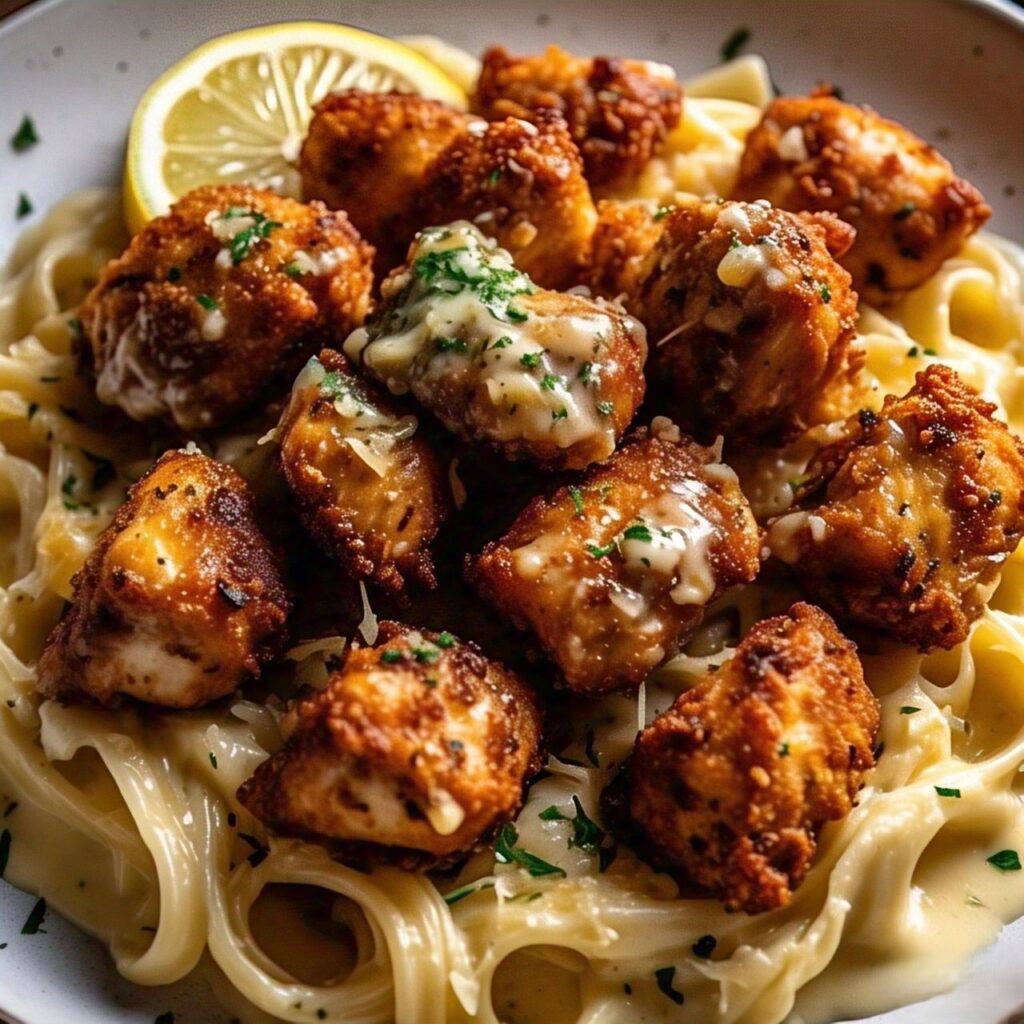 Garlic Butter Chicken Bites With Creamy Parmesan Pasta