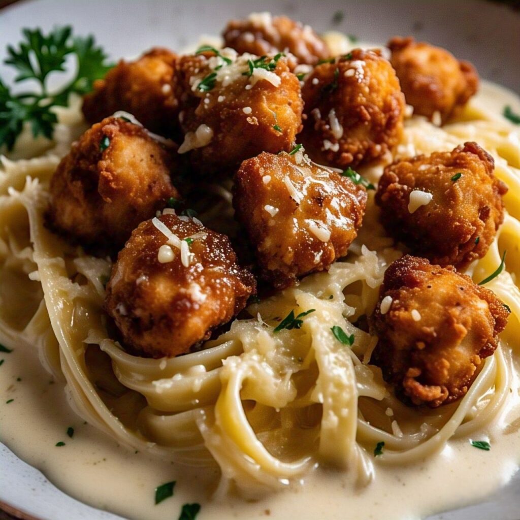 Garlic Butter Chicken Bites With Creamy Parmesan Pasta