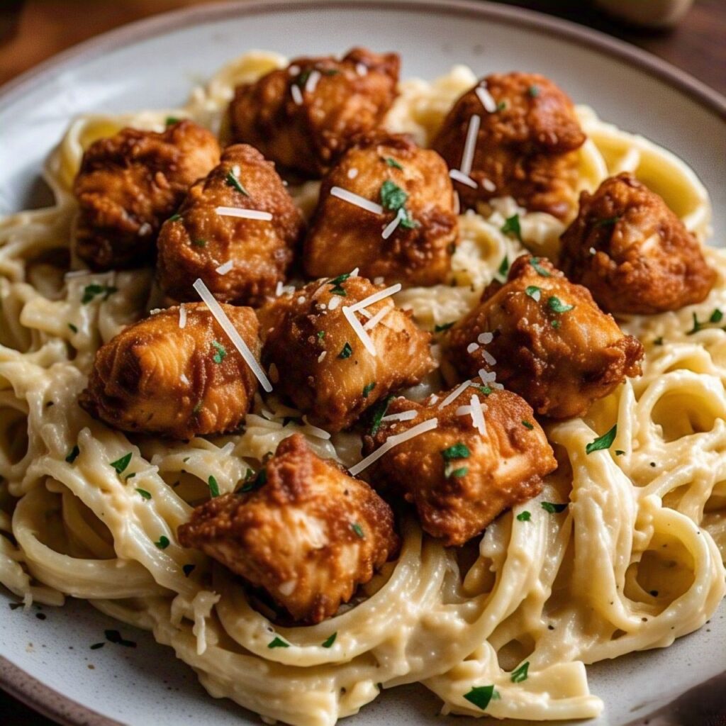 Garlic Butter Chicken Bites With Creamy Parmesan Pasta