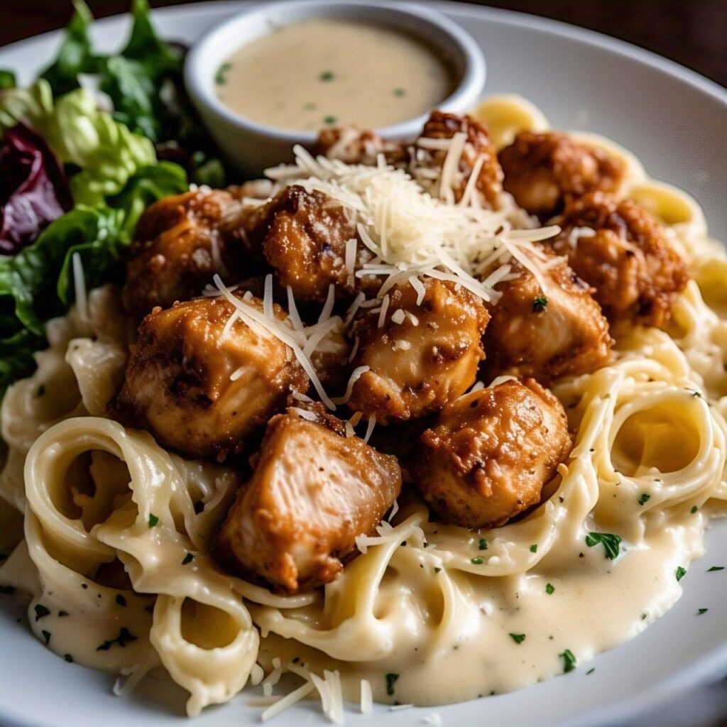 Garlic Butter Chicken Bites With Creamy Parmesan Pasta