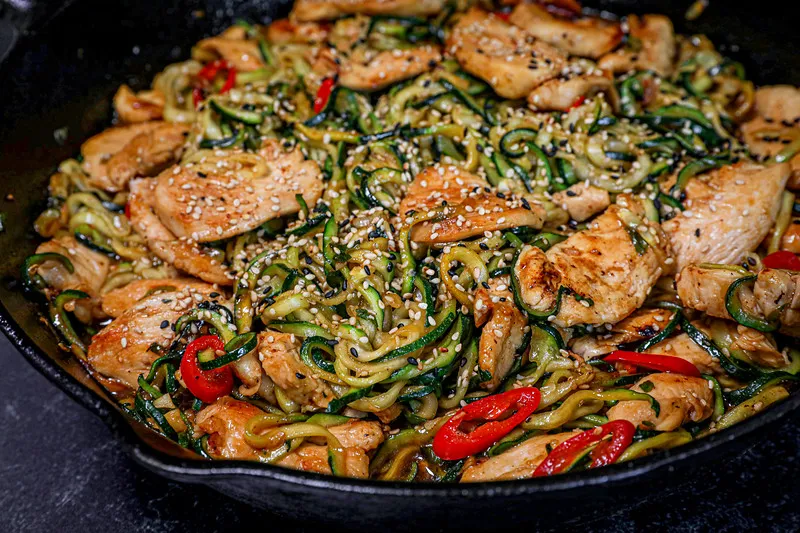 Garlic Chicken Zucchini Noodles Stir Fry