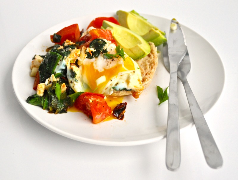 Baked Feta Eggs with Tomatoes and Spinach