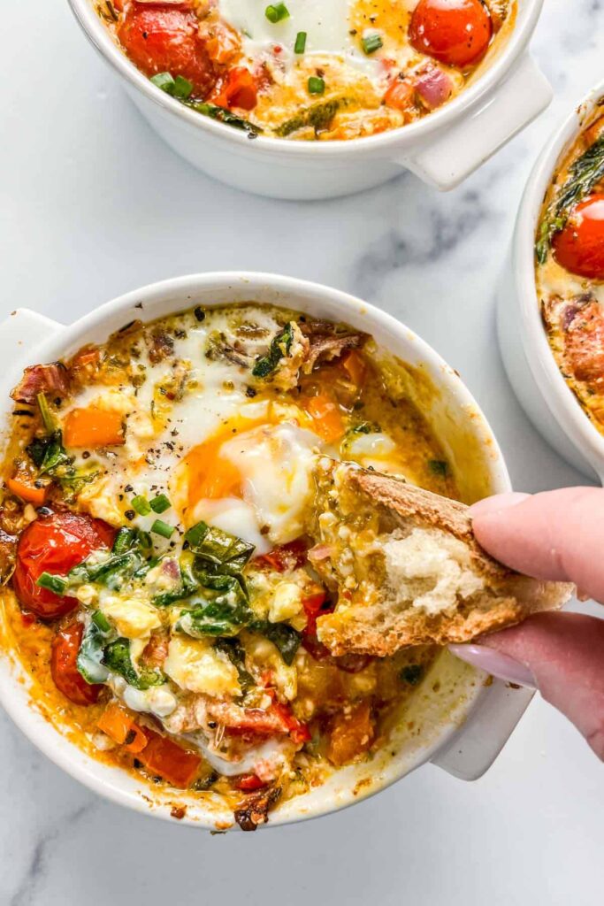 Baked Feta Eggs with Tomatoes and Spinach